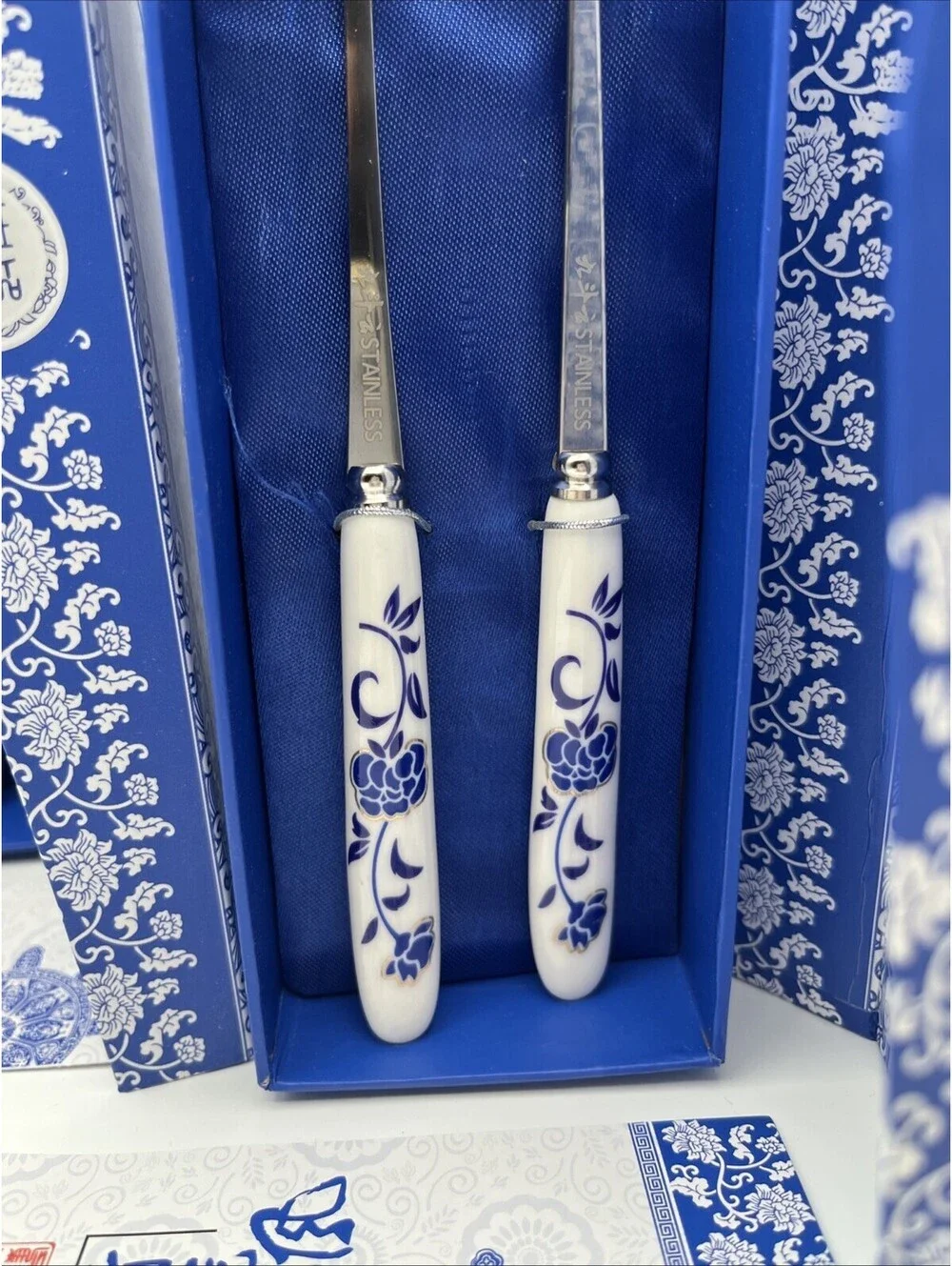 2 Blue White Asian Style Spoon Fork Sets Porcelain Handles Stainless Gift Boxed